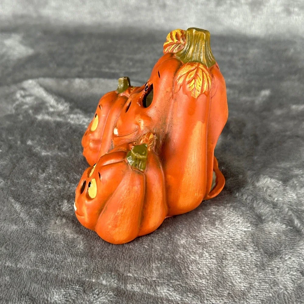 Vintage Halloween Ceramic Stacked Pumpkin Trio Tea Light Holder Jack-O-Lantern